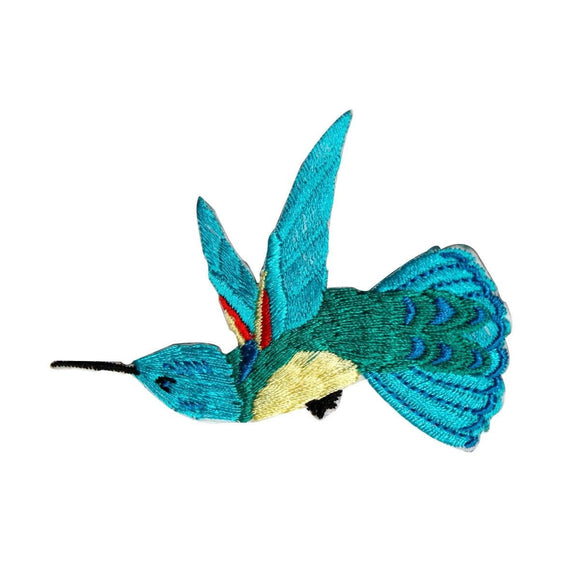 ID 0495A Blue Feathered Flying Hummingbird Patch Embroidered Iron On Applique