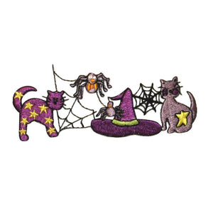 ID 0917 Halloween Scene Patch Cats Spider Witch Hat Embroidered Iron On Applique
