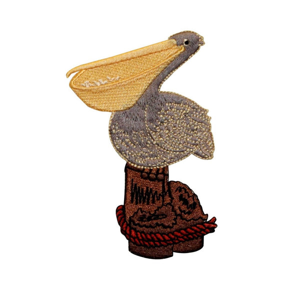 ID 0502 Pelican Sitting On Perch Patch Ocean Bird Embroidered Iron On Applique