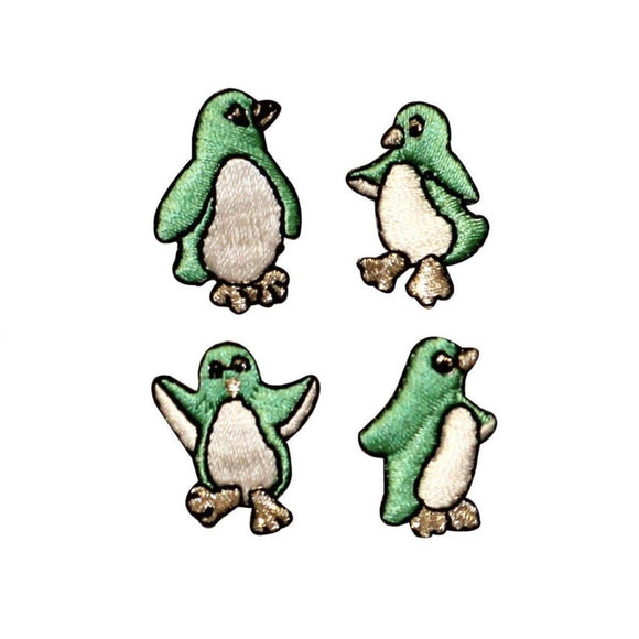 ID 0509ABCD Set of 4 Green Tiny Penguin Patch Bird Embroidered Iron On Applique