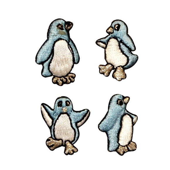 ID 0510ABCD Set of 4 Blue Tiny Penguin Patch Bird Embroidered Iron On Applique