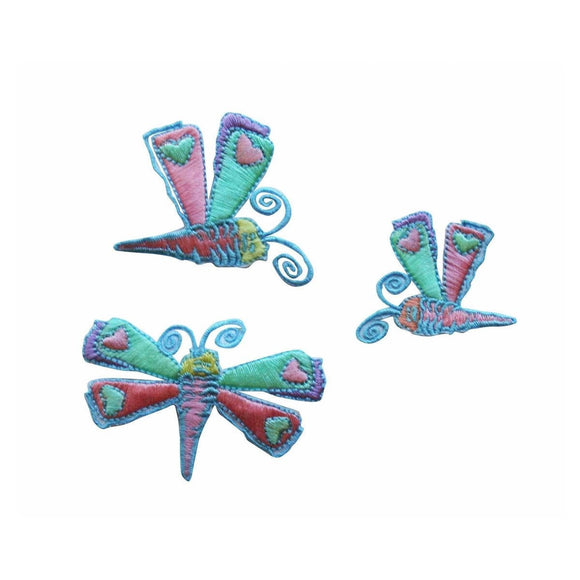 ID 0478ABC Set of 3 Dragonfly With Hearts Patch Embroidered Iron On Applique