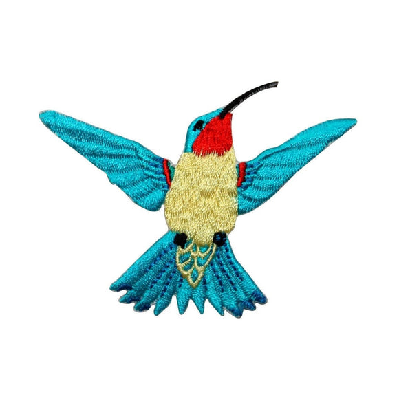 ID 0495B Blue Feathered Soaring Hummingbird Patch Embroidered Iron On Applique