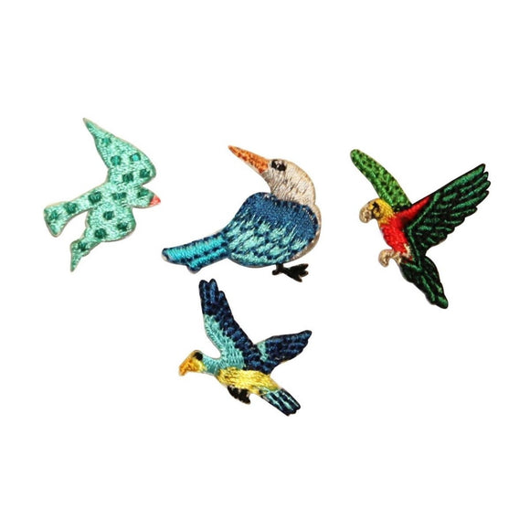 ID 0538ABCD Set of 4 Tropical Bird Patches Flying Embroidered Iron On Applique