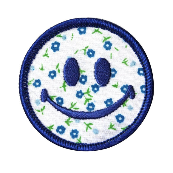 2 Inch Smiley Blue Flowers Iron-On Patch Cute Craft Apparel Decoration Applique