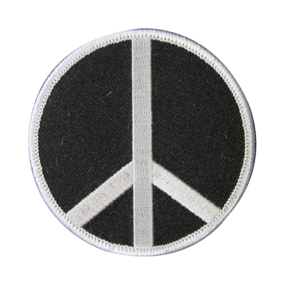 2 Inch Peace Sign White on Black Patch Hippie Embroidered Iron On Applique