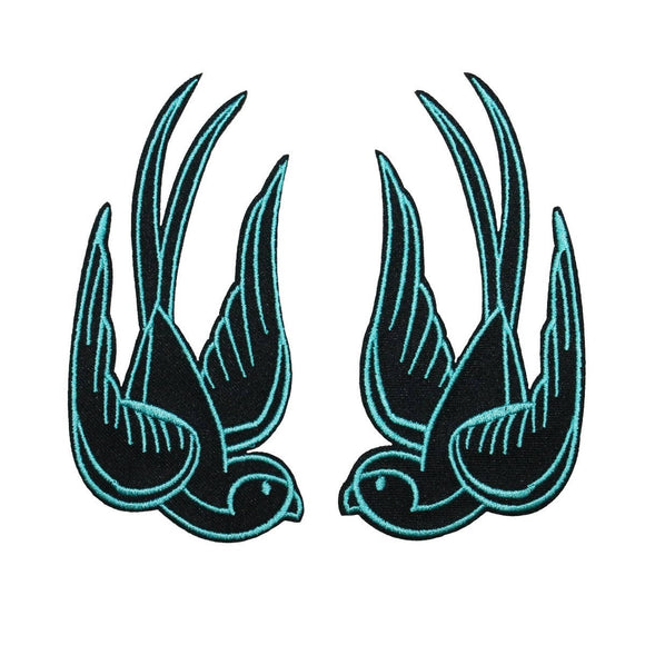 Set of 2 Blue Swallow Bird Patch Tattoo Sparrow 4IN Embroidered Iron On Applique