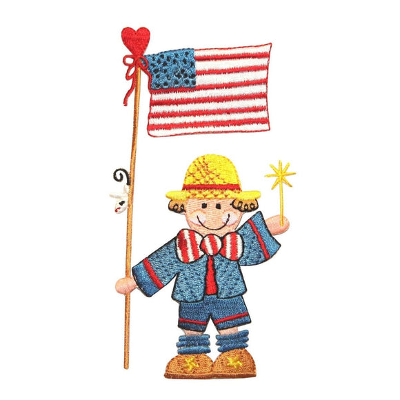 ID 1076 Child Holding America Flag Patch USA Kid Embroidered Iron On Applique