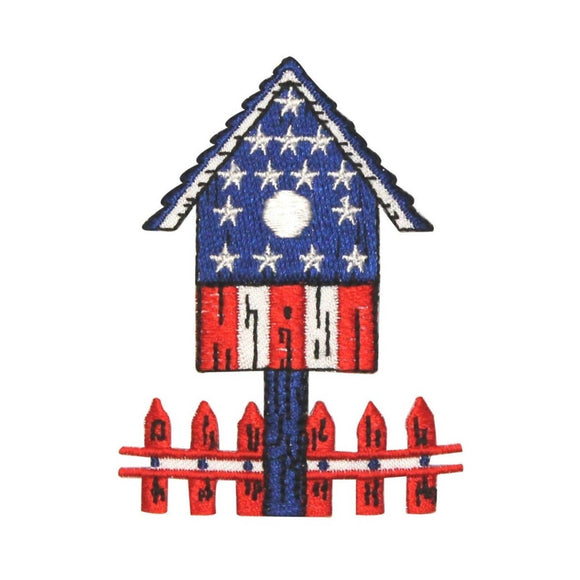 ID 1082A Patriotic Bird House On Fence Patch Craft Embroidered Iron On Applique