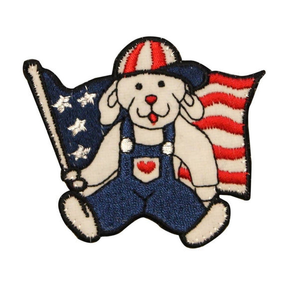ID 1089 Puppy Holding Flag Patch Patriotic Dog USA Embroidered Iron On Applique
