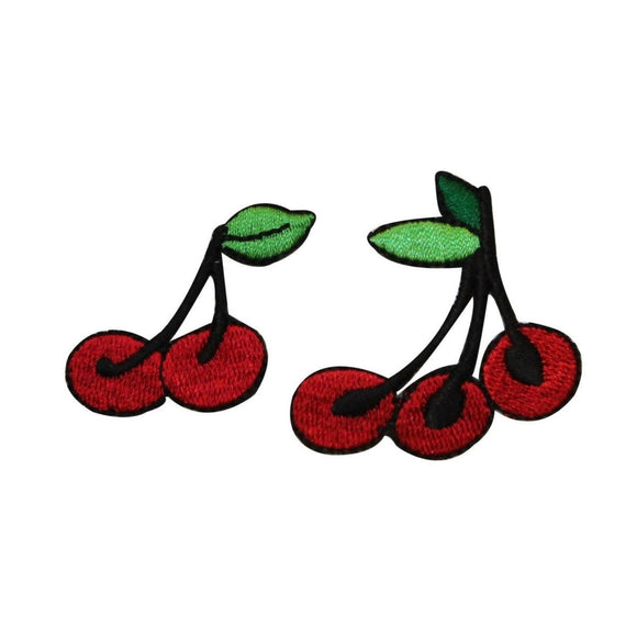 ID 1180AB Set of 2 Cherries On Stem Patches Fruit Embroidered Iron On Applique