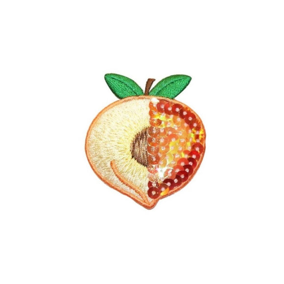 ID 1222A Peach With Sequin Patch Summer Fruit Sweet Embroidered Iron On Applique