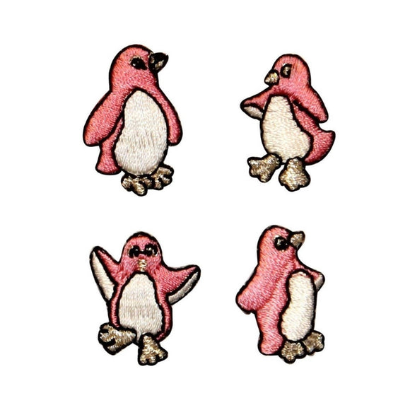 ID 0507ABCD Set of 4 Pink Tiny Penguins Patch Bird Embroidered Iron On Applique