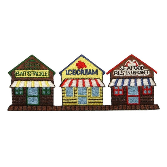 ID 1291 Downtown Store Front Patch Fishing Village Embroidered Iron On Applique