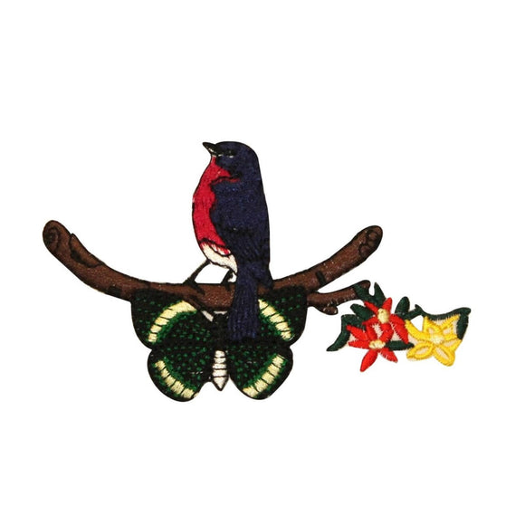 ID 0526 Bird Butterfly Patch Perched Branch Flowers Embroidered Iron On Applique