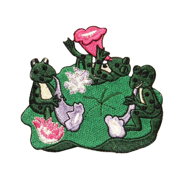 ID 0569 Frogs On Lily Pad Patch Playing Music Embroidered Iron On Applique