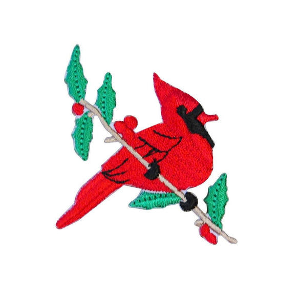 ID 0602 Northern Cardinal Patch Red Bird Branch Embroidered Iron On Applique