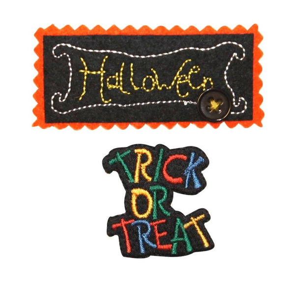 ID 0836AB Set of 2 Halloween Trick Or Treat Patches Embroidered Iron On Applique