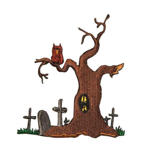 ID 0870 Graveyard Cemetery Tree Patch Halloween Owl Embroidered Iron On Applique