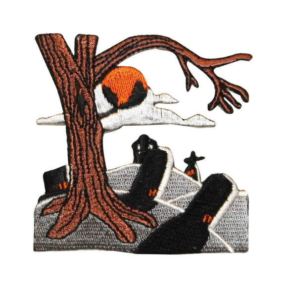 ID 0870Z Graveyard Night Scene Patch Halloween Tree Embroidered Iron On Applique