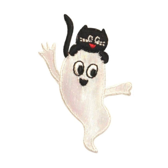 ID 0872A Friendly Ghost With Cat Patch Halloween Embroidered Iron On Applique