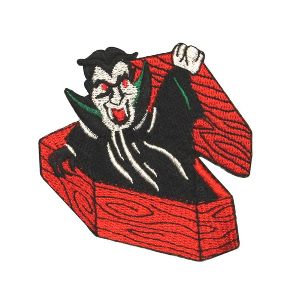 ID 0888 Vampire In Coffin Patch Halloween Dracula Embroidered Iron On Applique