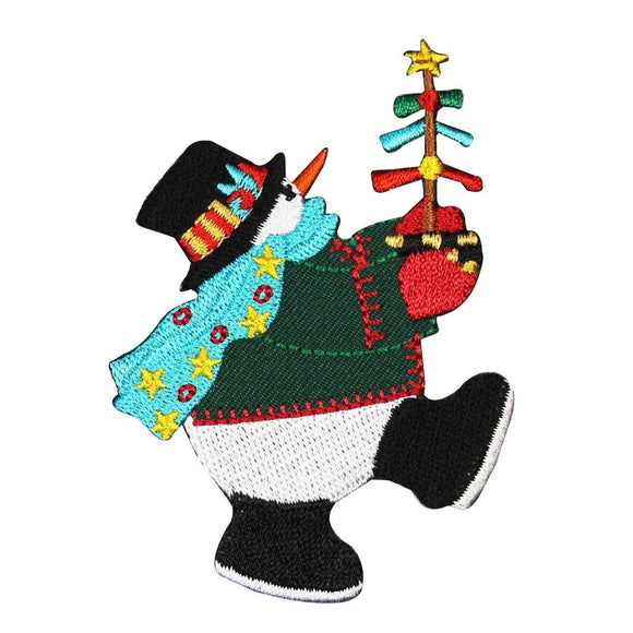 ID 8005 Snowman Carrying Christmas Tree Patch Scarf Embroidered Iron On Applique