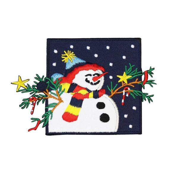 ID 8057 Happy Snowman Scene Patch Winter Holiday Embroidered Iron On Applique