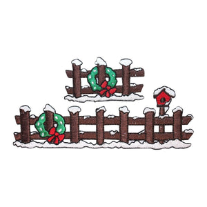 ID 8161AB Set of 2 Winter Fence Patches Christmas Embroidered Iron On Applique