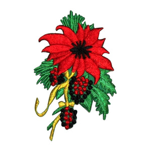 ID 8191A Poinsettia Flower Patch Christmas Holly Embroidered Iron On Applique