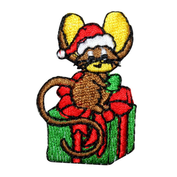 ID 8207B Mouse On Present Patch Christmas Holiday Embroidered Iron On Applique