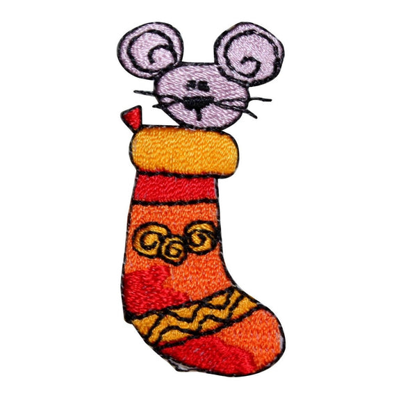 ID 8209B Mouse In Stocking Patch Christmas Holiday Embroidered Iron On Applique