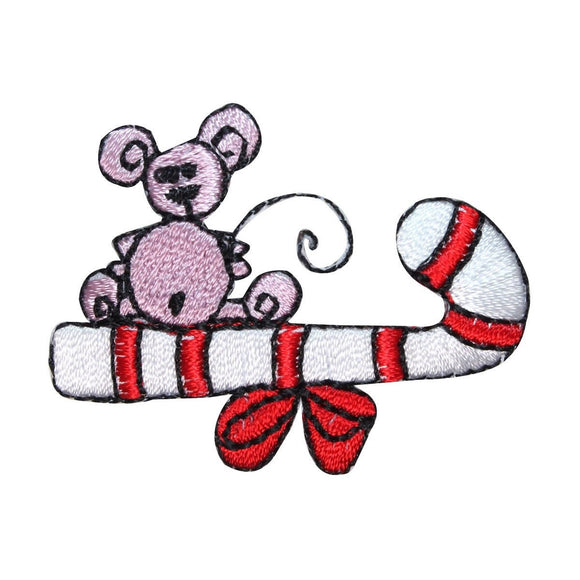 ID 8210A Mouse On Candy Cane Patch Christmas Holiday Embroidered IronOn Applique