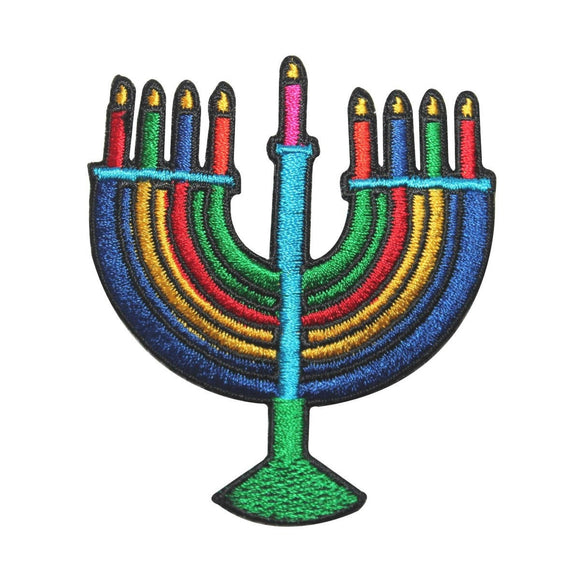 ID 8265 Colorful Menorah Patch Hanukkah Holiday Embroidered Iron On Applique