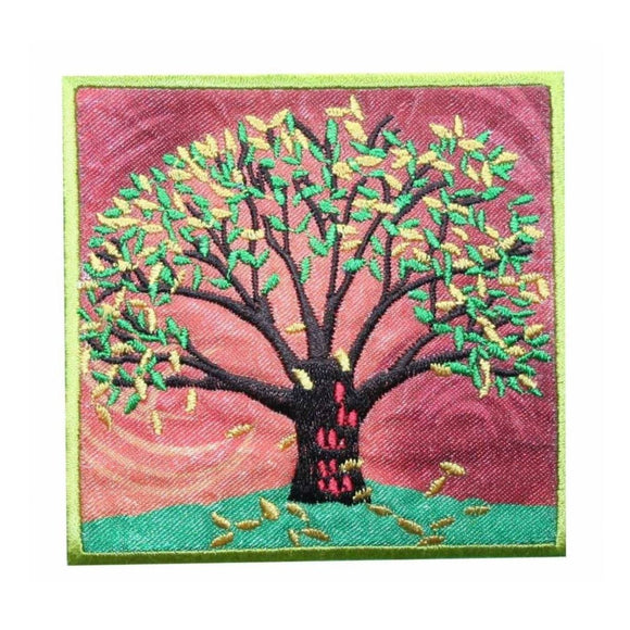 ID 1374 Tree Falling Leaves Patch Autumn Fall Badge Embroidered Iron On Applique