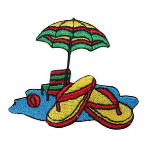 ID 1798 Beach Scene Patch Umbrella Flip Flop Craft Embroidered Iron On Applique