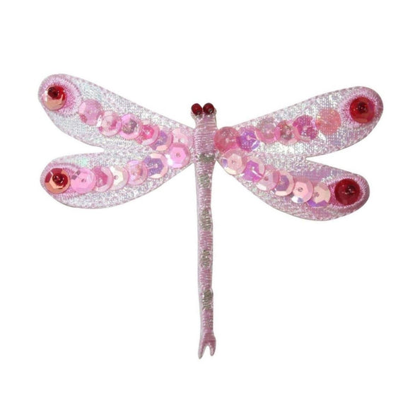 ID 1657B Pink Sequin Dragonfly Patch Garden Insect Embroidered Iron On Applique