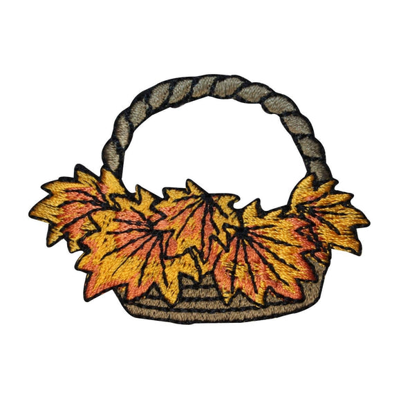 ID 1404 Wicker Basket of Leaves Patch Fall Autumn Embroidered Iron On Applique