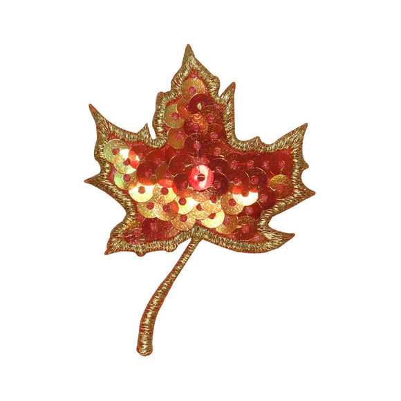 ID 1416Z Maple Leaf With Sequins Patch Tree Fall Embroidered Iron On Applique