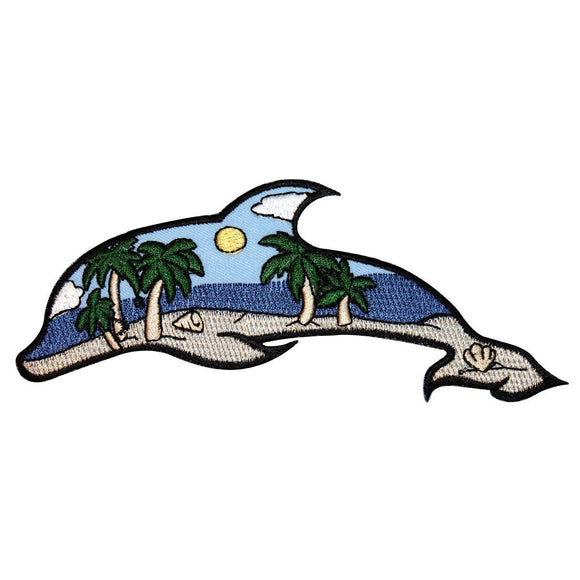 ID 1696 Beach Scene Dolphin Patch Ocean View Craft Embroidered Iron On Applique