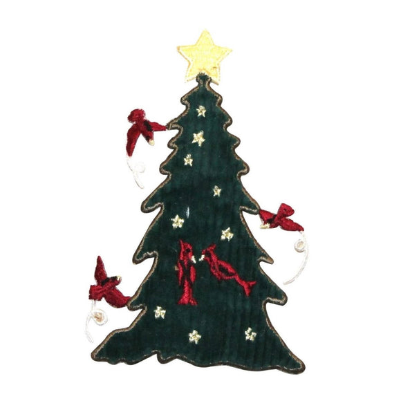 ID 8048 Christmas Tree With Cardinals Patch Decoration Felt Iron On Applique