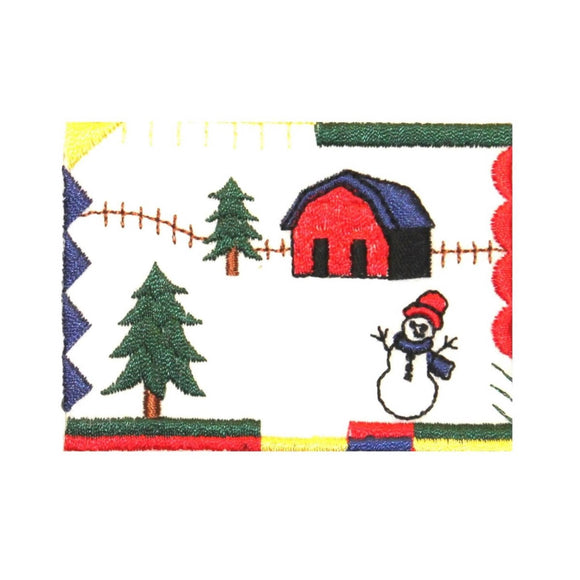 ID 8054 Winter Farm Scene Patch Christmas Snowman Embroidered Iron On Applique