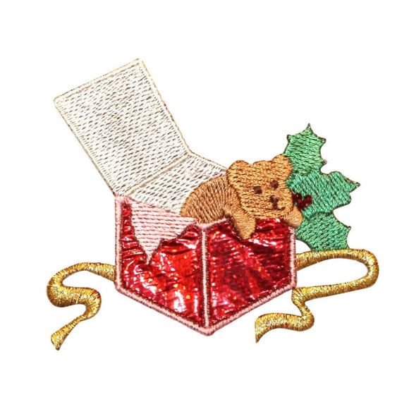 ID 8068 Puppy In Present Patch Christmas Holiday Embroidered Iron On Applique