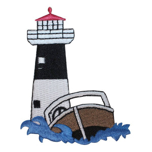 ID 1840 Lighthouse With Boat Patch Nautical Beach Embroidered Iron On Applique