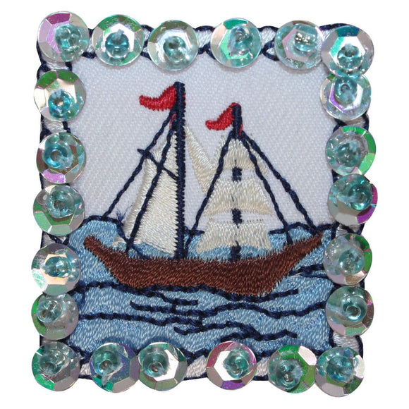 ID 1881A Ocean Sailboat Patch Ship Badge Sequin Embroidered Iron On Applique