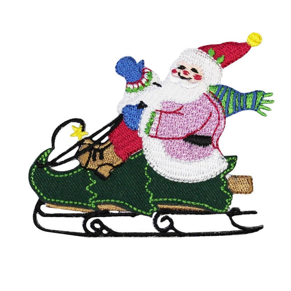 ID 8156A Santa Riding Christmas Tree Sleigh Patch Embroidered Iron On Applique