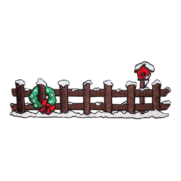 ID 8161B Christmas Fence With Snow Patch Winter Embroidered Iron On Applique