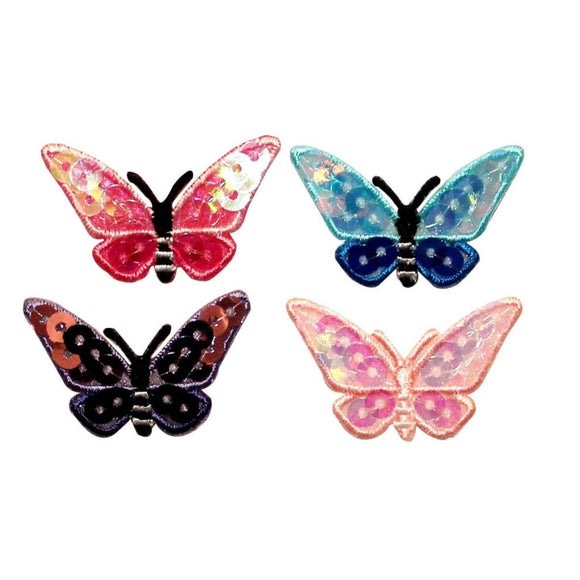 ID 2151ABCD Set of 4 Sequin Butterfly Patches Garden Insect Iron On Applique