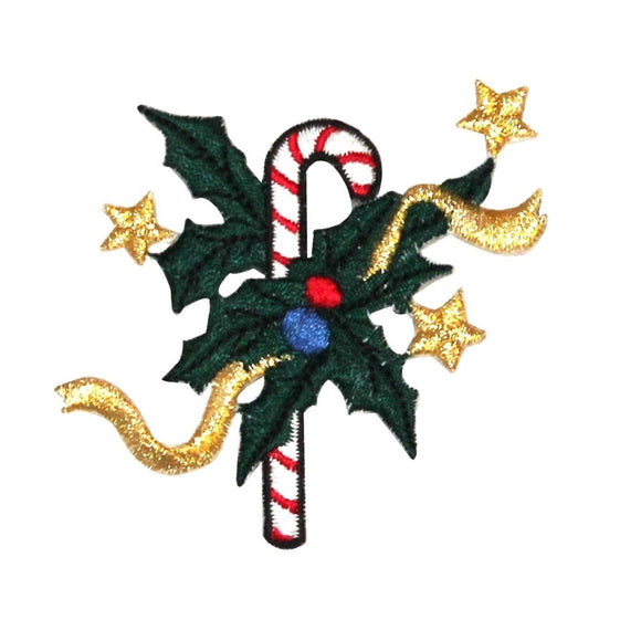 ID 8188A Candy Cane With Holly Patch Christmas Decor Embroidered IronOn Applique