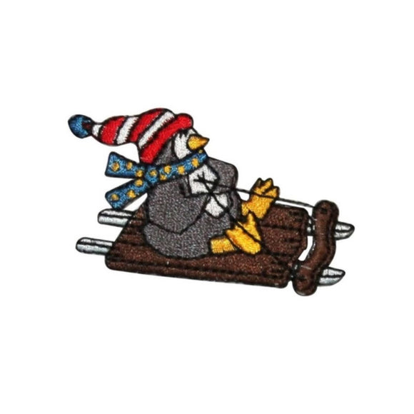 ID 8200A Penguin Riding Sled Patch Winter Playing Embroidered Iron On Applique